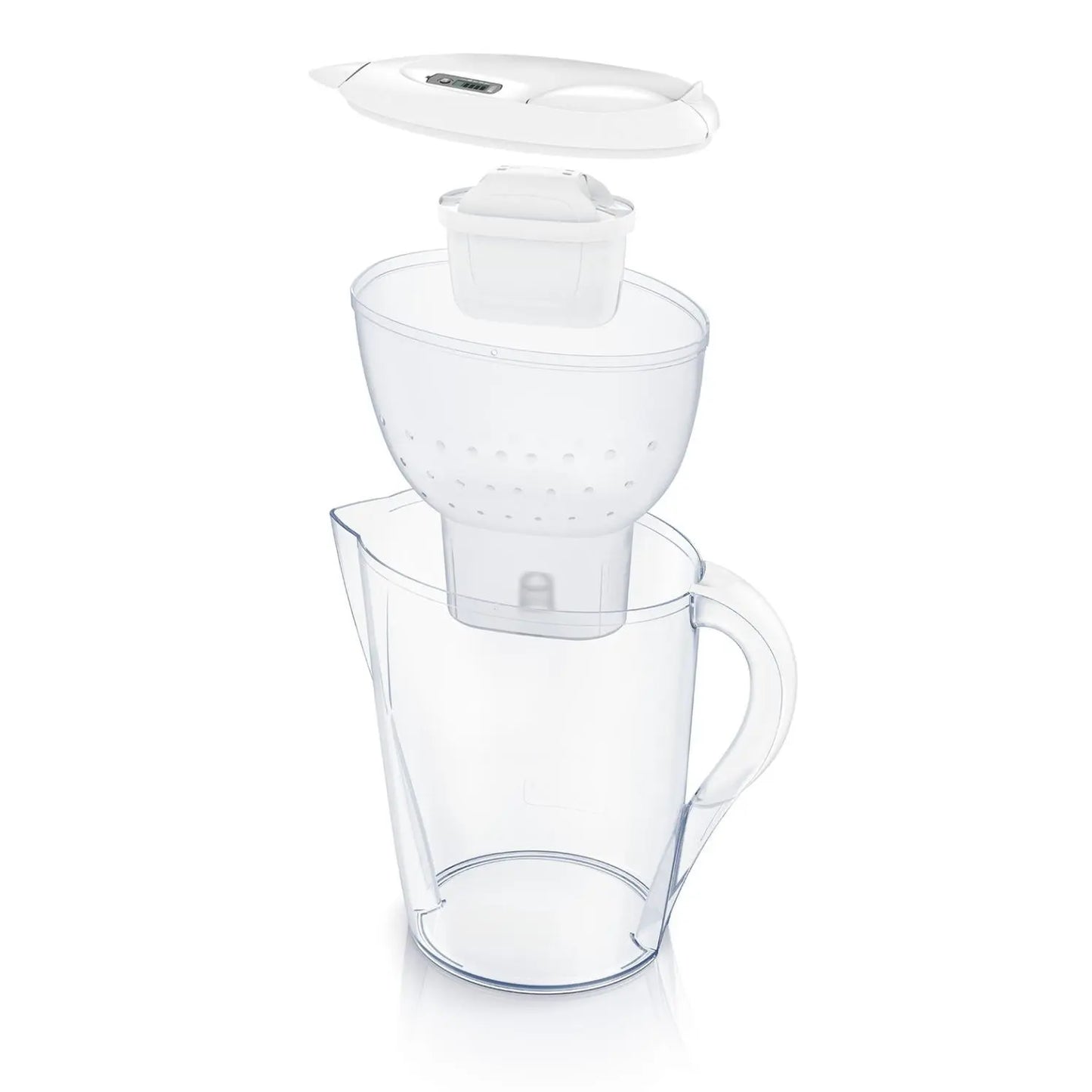 Isärplockad Brita vattenfilterkanna med lock, tratt och vattenfilter.