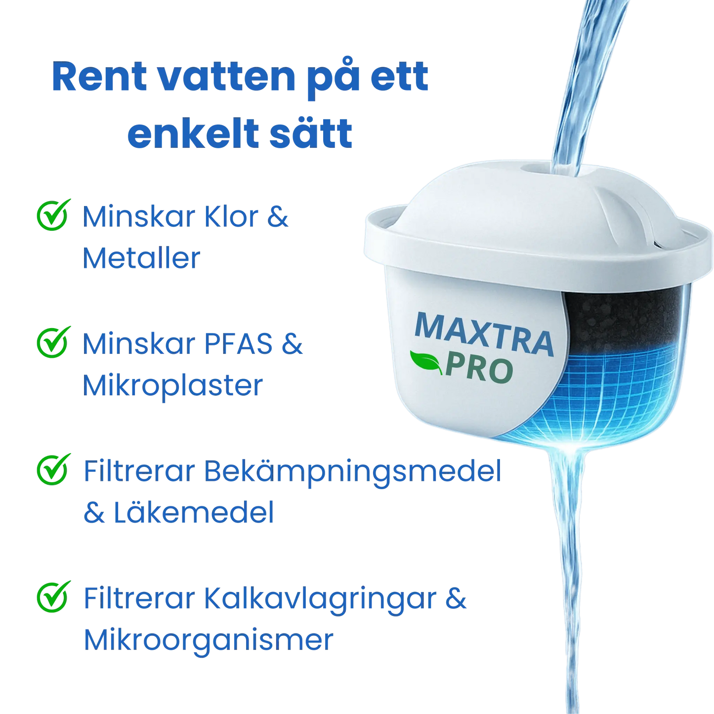 Maxtra Pro vattenfilter med grafik som visar filtrering av föroreningar.