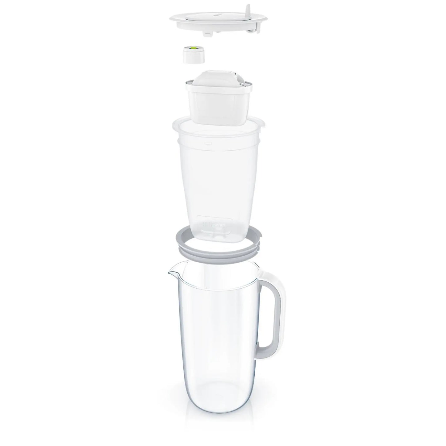Exploderad vy av Brita vattenfilterkanna i glas 2.5L med vattenfilter och alla delar separerade.