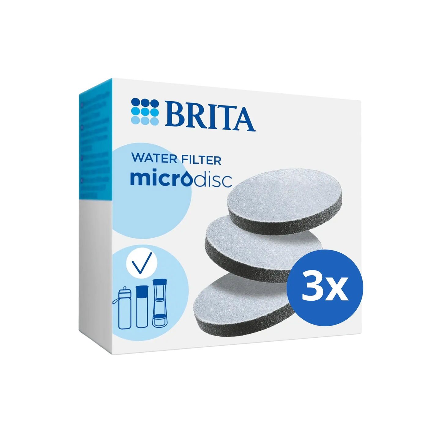 Förpackning med 3 Brita MicroDisc vattenfilter för vattenflaska 600 ml och små filterkannor.