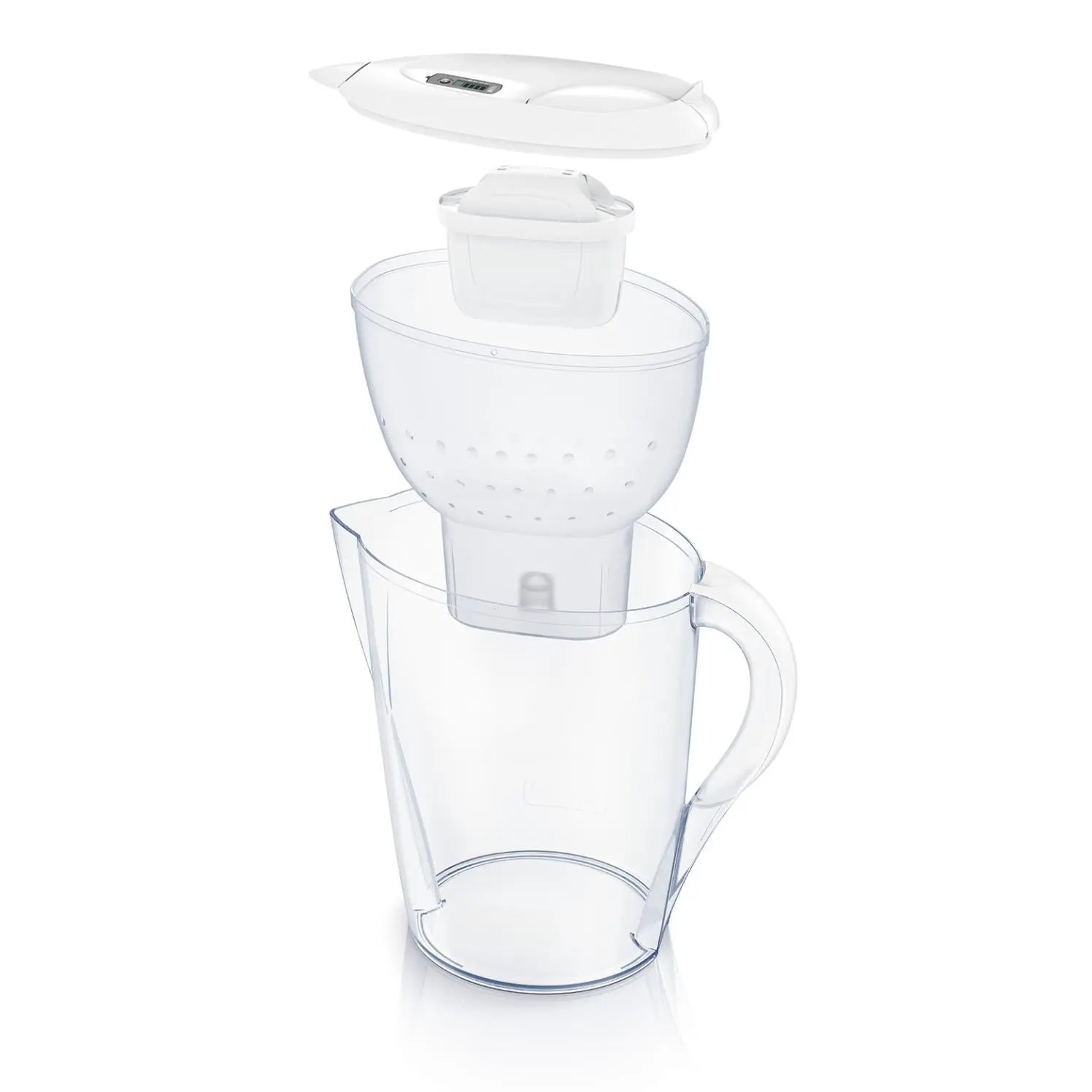 Isärplockad Brita vattenfilterkanna med lock, tratt och vattenfilter.