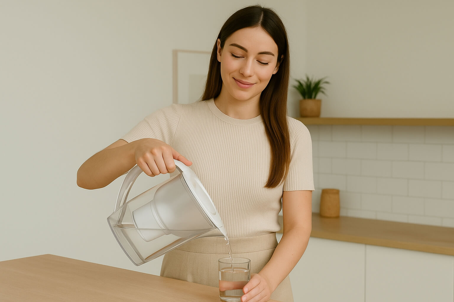 Kvinna i kök häller rent vatten ur en Brita vattenfilterkanna i ett glas