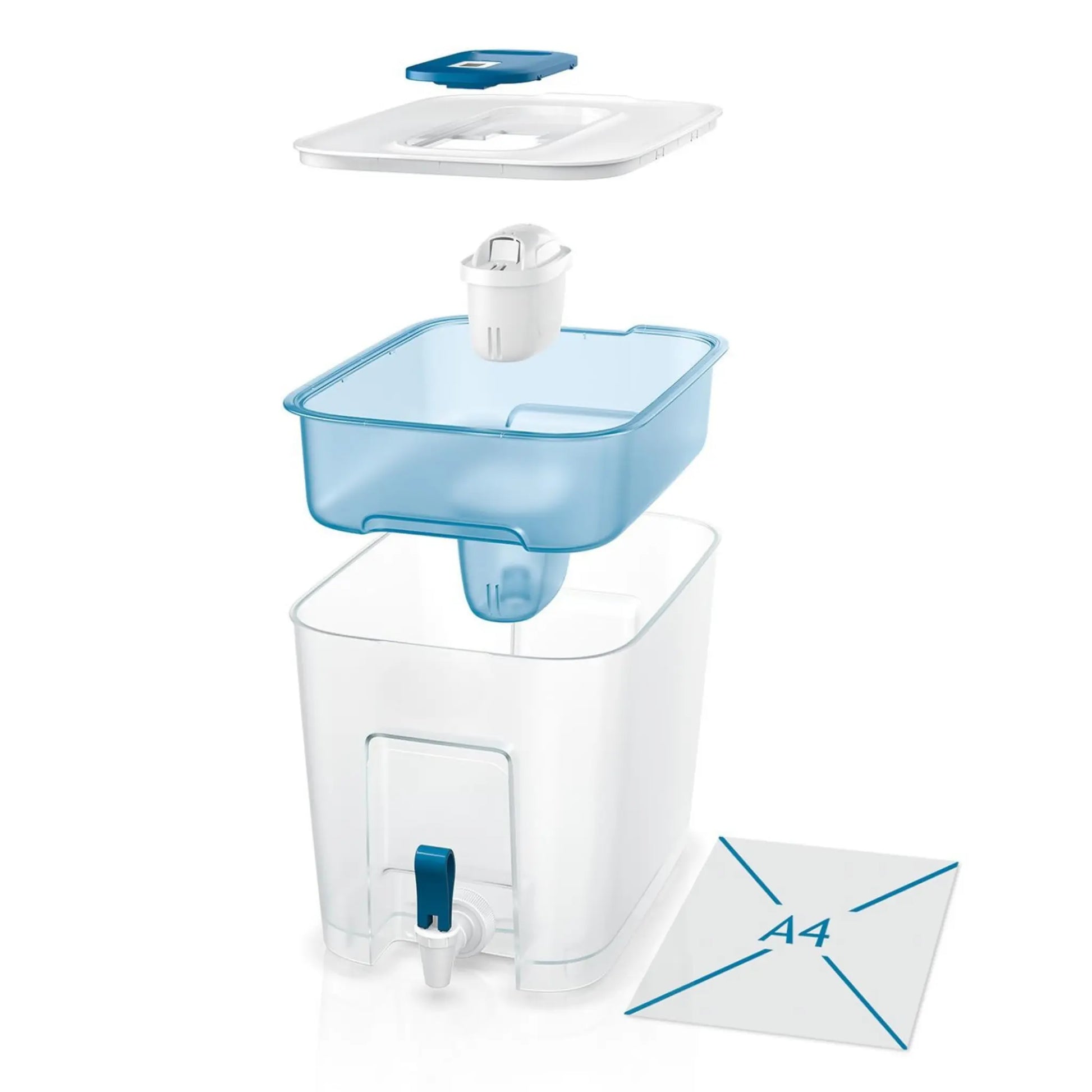 Exploderad vy av Brita vattenfilterkanna 8.2L med tappkran och Maxtra Pro vattenfilter.